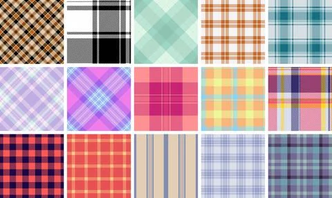 Classic plaid textile patterns featuring checkered designs in trendy colors.. Stock Illustration
