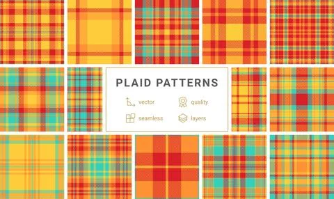 Classic plaid textile patterns featuring checkered designs in trendy colors.. Stock Illustration