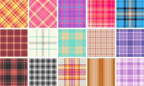 Classic plaid textile patterns featuring checkered designs in trendy colors.. Stock Illustration