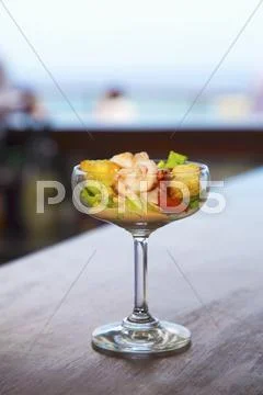 Classic Prawn Cocktail On A Restaurant Counter