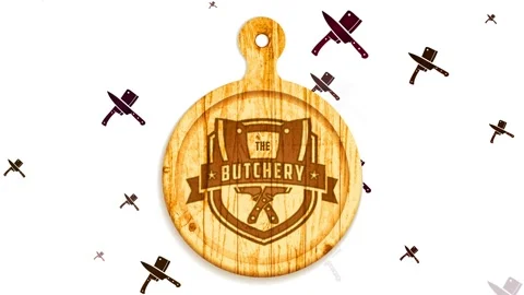 Classic pyrography science on round suspended wooden cutting board for meat Stock Footage 130178555