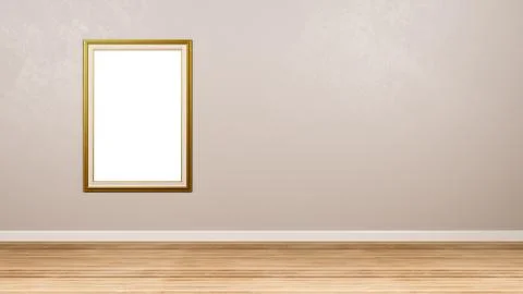 Classic Rectangular Portrait Empty Golden Picture Frame at the Wall Stock Illustration