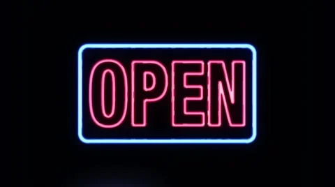 Classic Red and Blue Open Sign in Neon Style Turning On Stock Footage 62359277