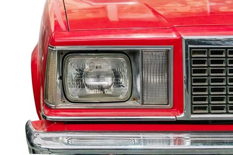 Classic Red Car Front Section, Focused on Headlights and Grille Fotos de archivo