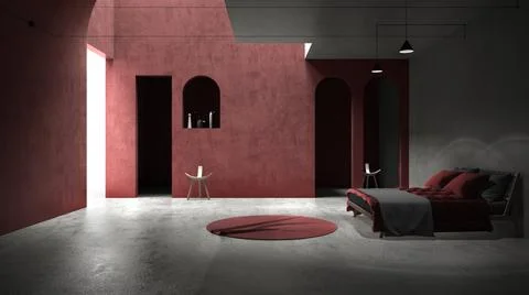 Classic red concrete interior space, sun light that cast shadow on the wall a Ilustración de archivo