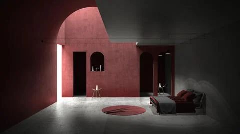 Classic red concrete interior space, sun light that cast shadow on the wall a Ilustración de archivo
