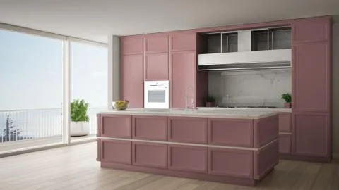Classic red kitchen in modern open space with parquet floor and big panoramic Stock Illustration
