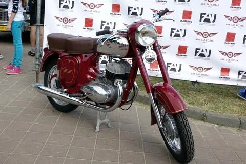 Classic Red Motorcycle JAVA on Display at a Local Event Showcasing Vintage .. Stock Photos