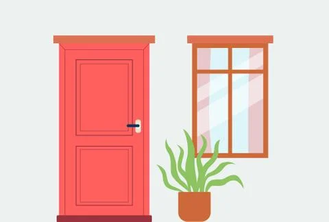 Classic red panel door and window on exterior house wall Stock Illustration