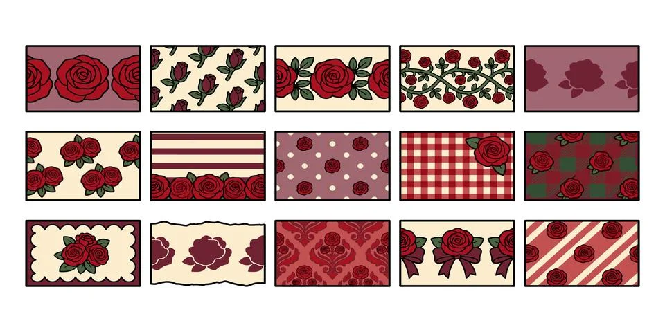 Classic Red Rose Pattern Washi Tape Bundle イラスト素材