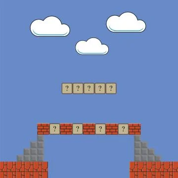 Classic Retro Arcade Design with Red Brick. Pixel Video Game Scenery. Video-Game Stock Illustration