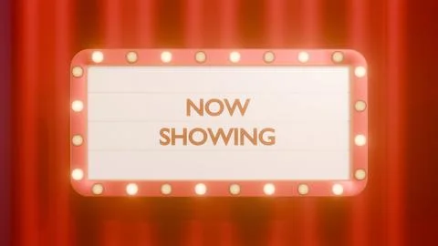 A classic retro marquee sign set against a draped red theater curtains. Stock Illustration