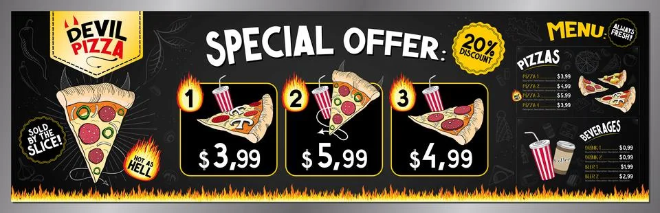 Classic Retro Spicy Devil Pizza Food Truck Ordering Board Banner Template Illustrazione stock