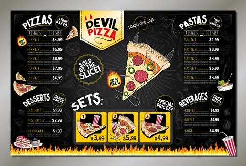 Classic Retro Spicy Devil Pizza Restaurant Table Menu Card Plamat Template Illustrazione stock