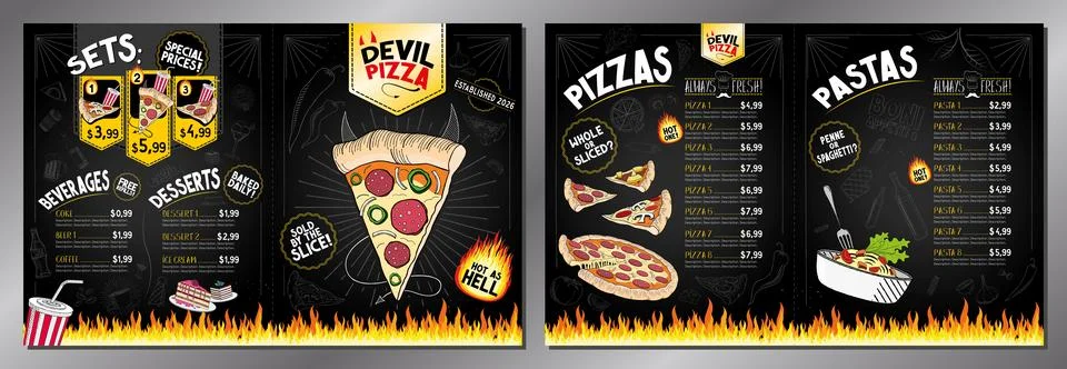 Classic Retro Spicy Devil Pizza Restaurant Menu Card Template Illustrazione stock