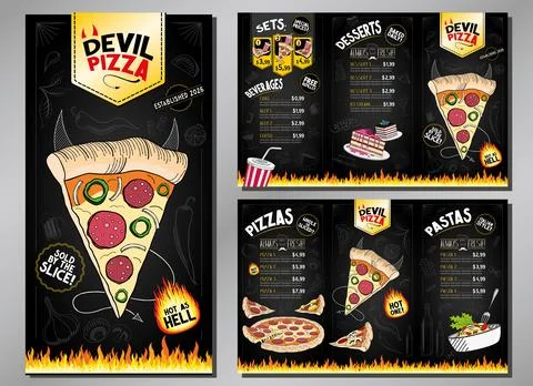 Classic Retro Spicy Devil Pizza Restaurant Menu Card Trifold Flyer Template Illustrazione stock