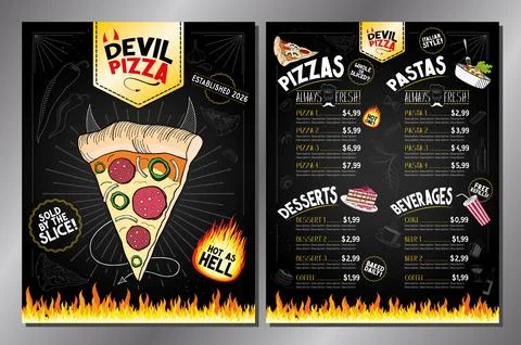 Classic Retro Spicy Devil Pizza Restaurant Menu Card Template Illustrazione stock