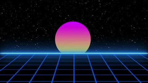 Classic Retrowave Sunset Over Neon Grid Floor Starfield Stock Footage 318725144