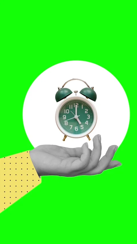 Classic ringing alarm clock in a hand. Modern collage style Stock Footage 337397921