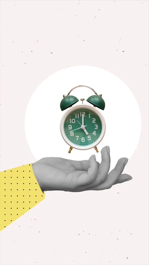 Classic ringing alarm clock in a hand. Vertical animation in a collage style Stock Footage 337397931