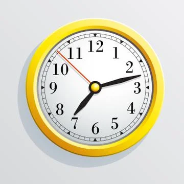 Classic round wall clock with arrows. Yellow body. Vector . Stock Illustration