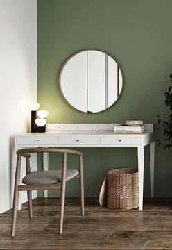 Classic rustic bedroom with dressing table and mirror background. Light modern Stock Illustration