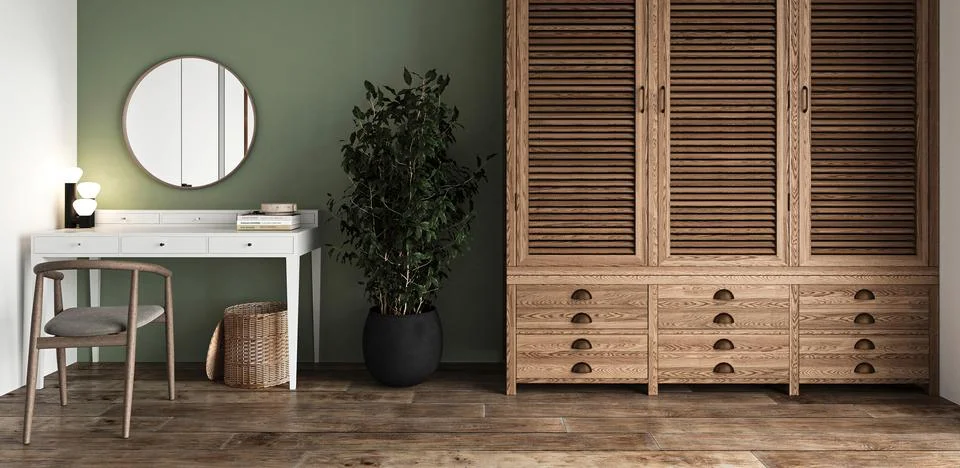 Classic rustic bedroom with dressing table, mirror and wardrobe background Stock Illustration