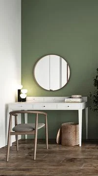 Classic rustic bedroom with dressing table and mirror background. Light modern Stock Illustration