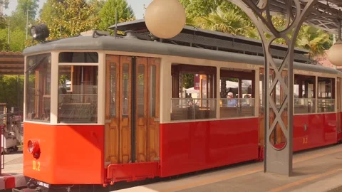 Classic Sassi Superga historic red tram at station platform, Turin, Italy Stock Footage 345337559