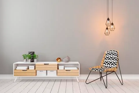 Classic scandinavian gray empty room interior with dresser, chair Stock Illustration