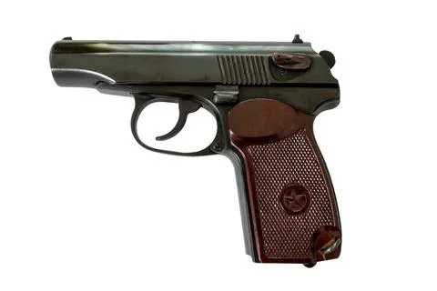 Classic semi automatic pistol with textured brown grip isolated on white Fotos Stock