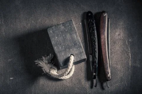 Classic shave tools. Sharp razor, soap and brush Stock Photos