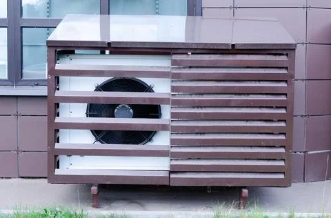 Classic Split air conditioner house system. Externally fitted unit on brick wall Stock-Fotos