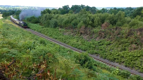 Classic steam train producing smoke travelling through countryside Stock Footage 80307686