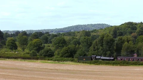 Classic steam train producing smoke travelling through countryside Stock Footage 80322466