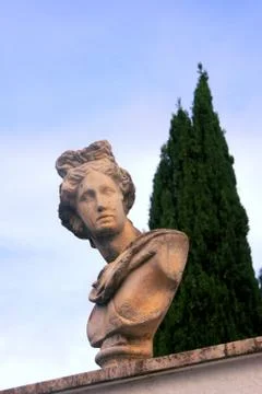 Classic style bust in front of a row of cypresses, in Terracina, Italy. 写真素材