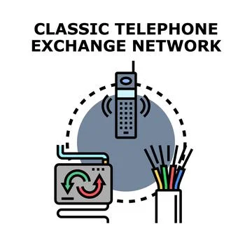 Classic telephone exchange network connecting communication devices Stock Illustration