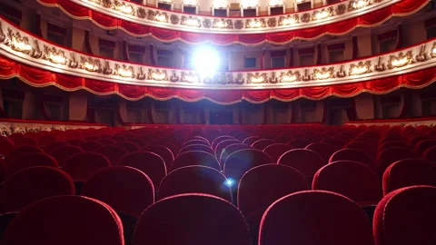 Classic theater hall with empty chairs. Bright spotlight in the red auditorium. Stock Footage 147088101