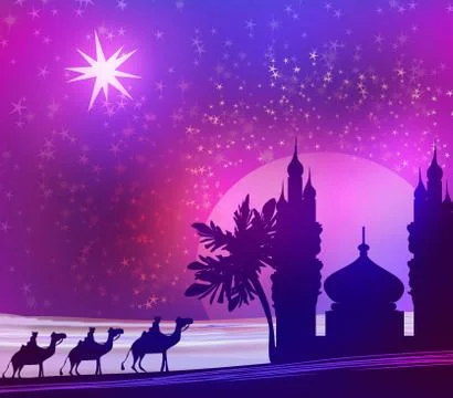 Classic three magic scene and shining star of bethlehem Stock Illustration
