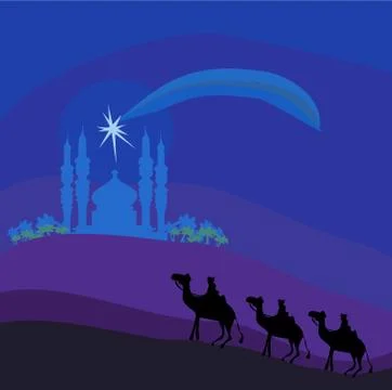 Classic three magic scene and shining star of bethlehem, vector illustration Stock Illustration