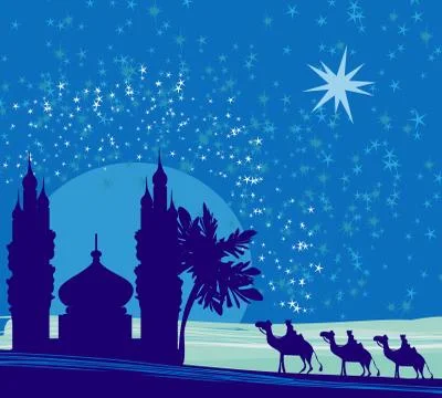 Classic three magic scene and shining star of bethlehem, vector illustration Stock Illustration