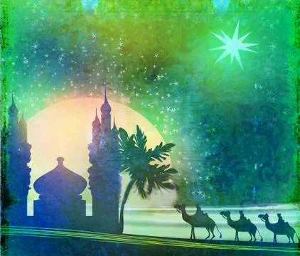 Classic three wise men scene and shining star of bethlehem - vintage texture Stock Illustration