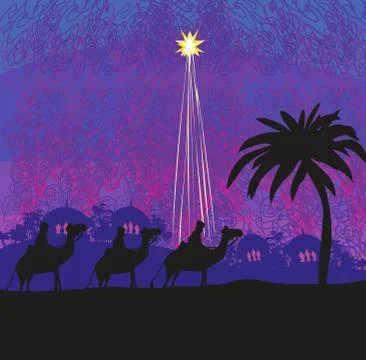 Classic three wise men scene and shining star of Bethlehem Stock Illustration