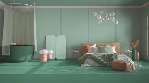 Classic turquoise background with copy space: empty bedroom and bathroom with Illustrazione stock