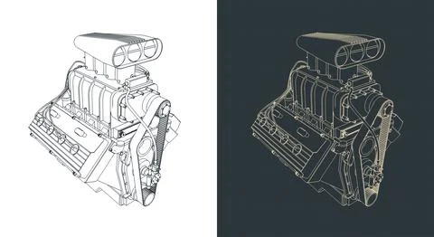 Classic V8 car engine with blower technical drawing 库存插图