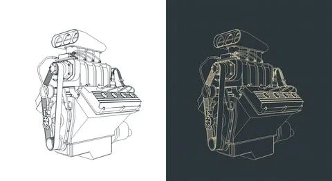 Classic V8 car engine with blower technical drawing illustrations 库存插图