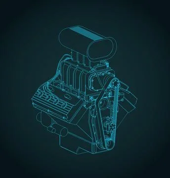 Classic V8 car engine with blower isometric blueprint illustration Stock Illustration