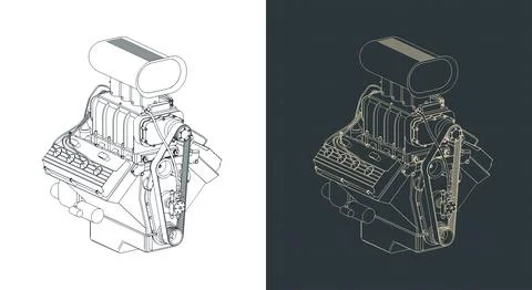 Classic V8 car engine with blower isometric blueprint illustrations 库存插图