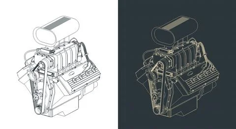 Classic V8 car engine with blower isometric blueprint Stock Illustration