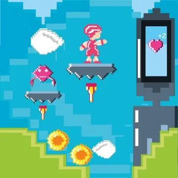 Classic video game scene with warrior Stock Illustration